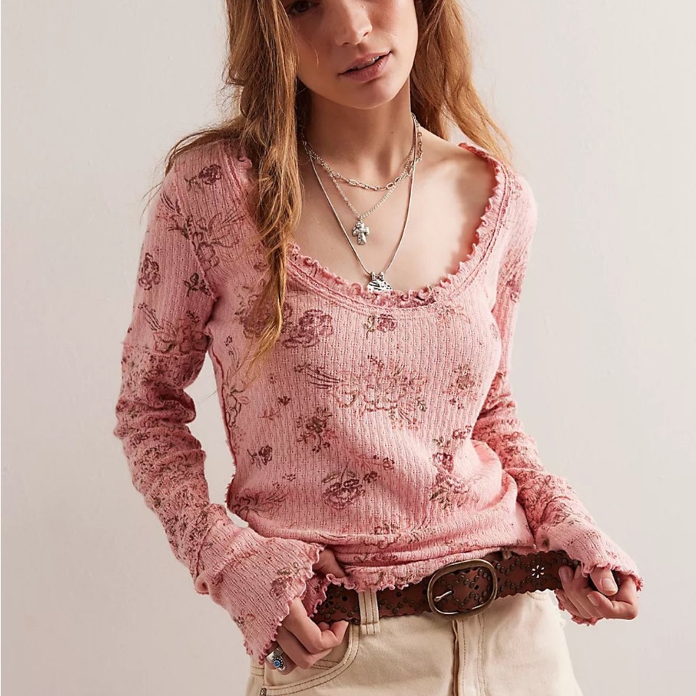Free people we the free the free clover printed thermal pink combo long sleeve - Picture 1 of 5